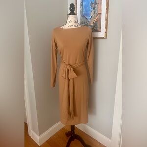 Classic Ann Taylor midi tan dress with wrap belt. Viscose, nylon, spandex. 
Sz 6